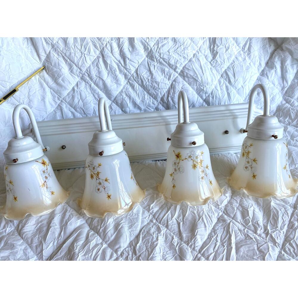 set of vintage glass light shades, hand-painted floral design with ruffled